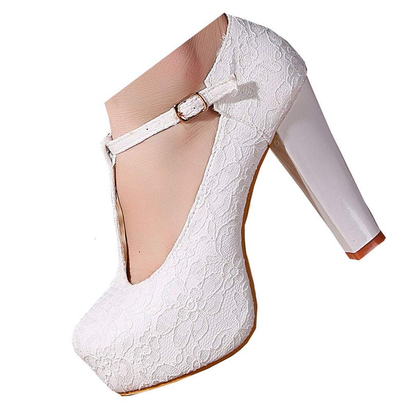 getmorebeauty Women Block Mary Janes Heels T-Strappy Lace Dress Wedding Shoes Pumps (US 7, White) - Image 1